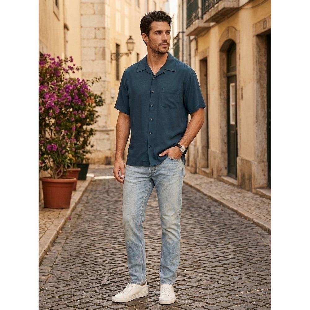 Neiman Marcus Mens Silk Rayon Camp Shirt Navy Blue Short Sleeve Button Down L